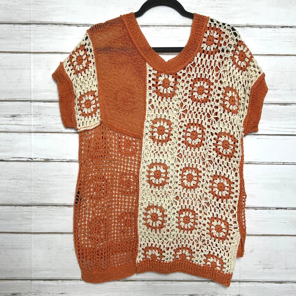 POL Crochet Patchwork Sweater Small Orange Cream … - image 3